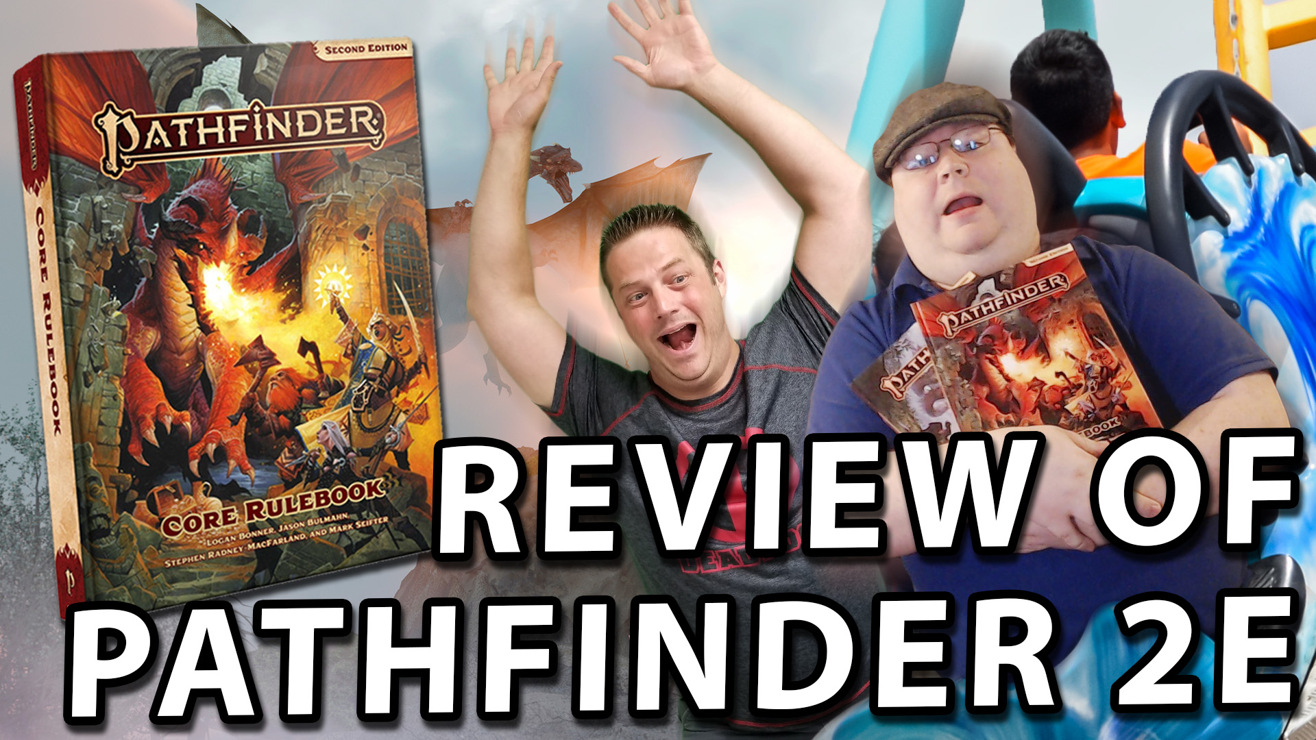 Review of Pathfinder Second Edition, Ryan and PErram in a roller coaster being chased by a dragon