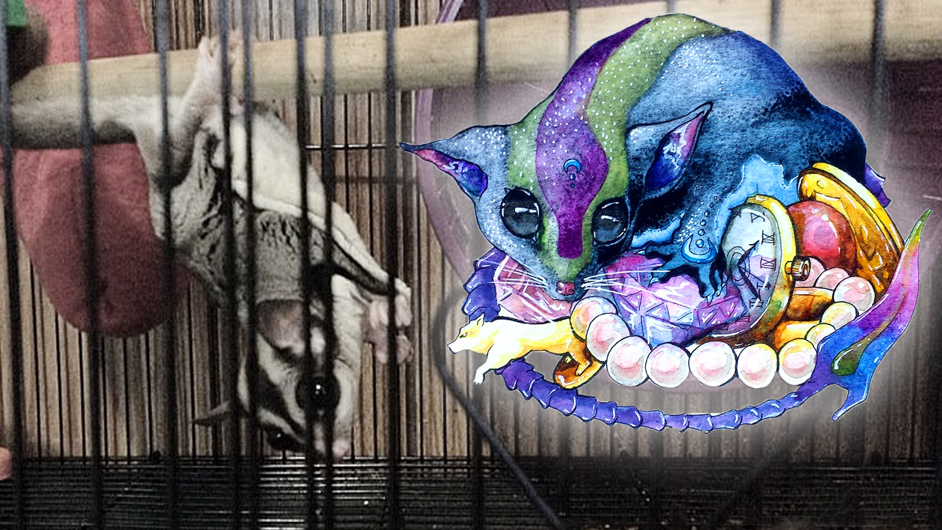 Tink, a female sugar glider hanging from one of her bars upside down in her cage, next to a illustration inspired by her of a Pathfinder monster, which resembles a blue and purple glider.
